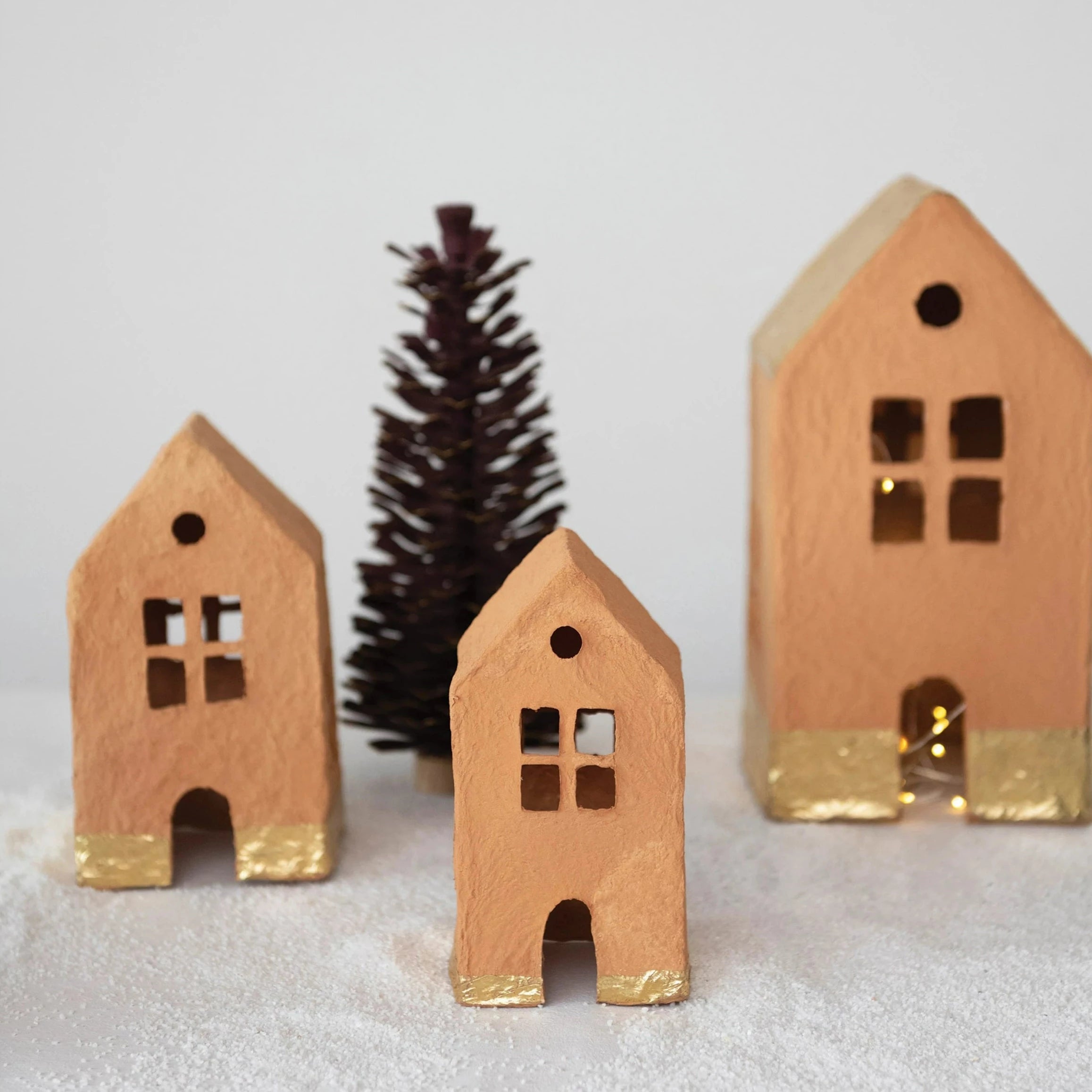 Handmade Paper Mache Houses with Gold Foil Terracotta, Set of 3