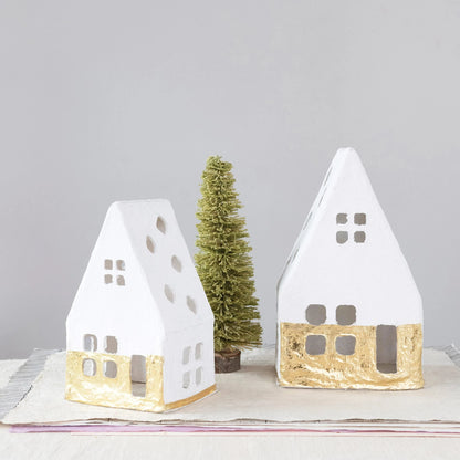 Handmade Paper Mache  Houses with Gold Foil, White, Set of 2