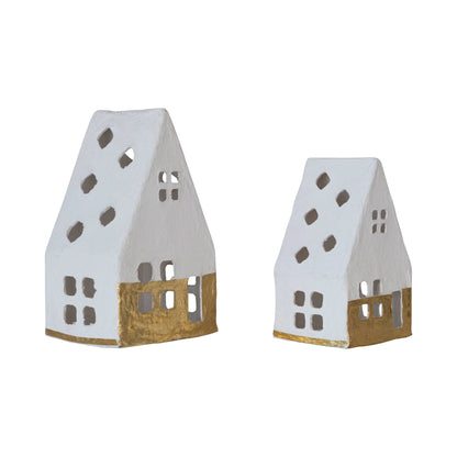 Handmade Paper Mache  Houses with Gold Foil, White, Set of 2