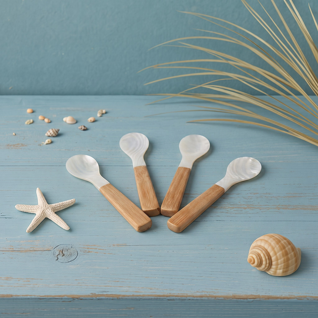 Medium Shell &amp; Bamboo Spoons, Set of 4