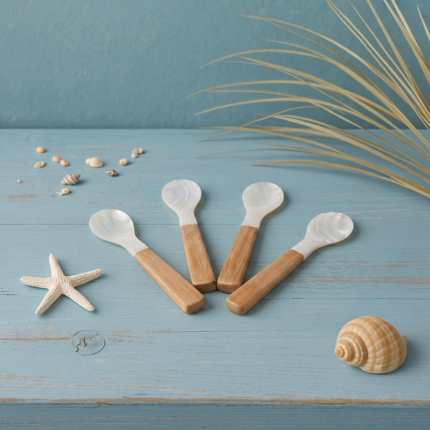 Medium Shell &amp; Bamboo Spoons, Set of 4