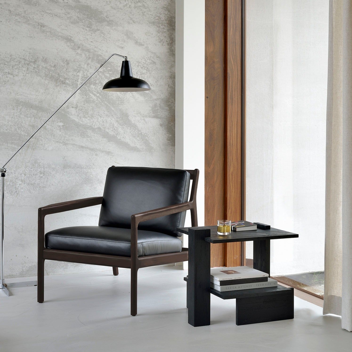 Jack Lounge Chair, Varnished Mahogany, Dark Brown, Black Leather