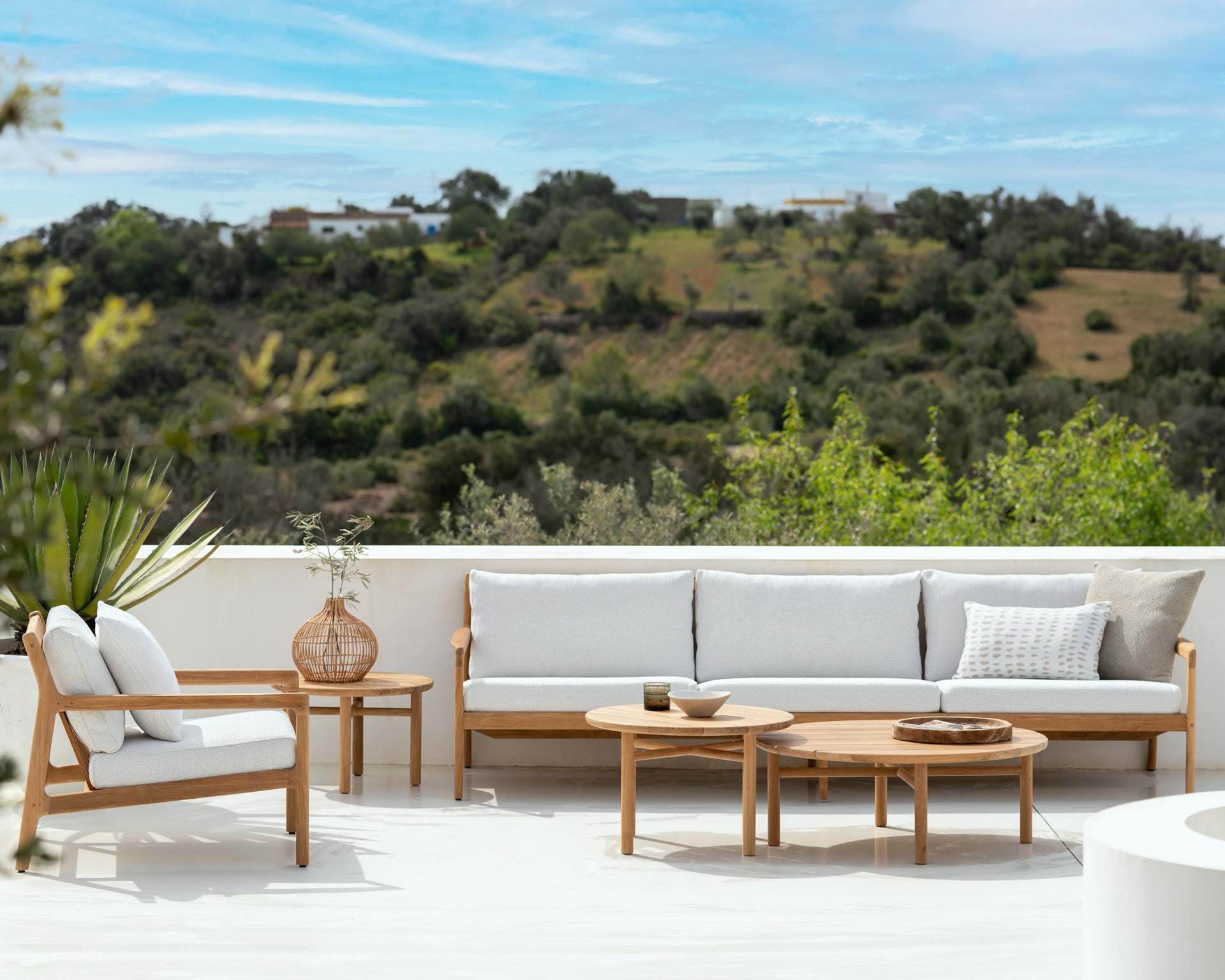 Jack Solid Teak Outdoor 3 Seater Sofa, Off White Fabric