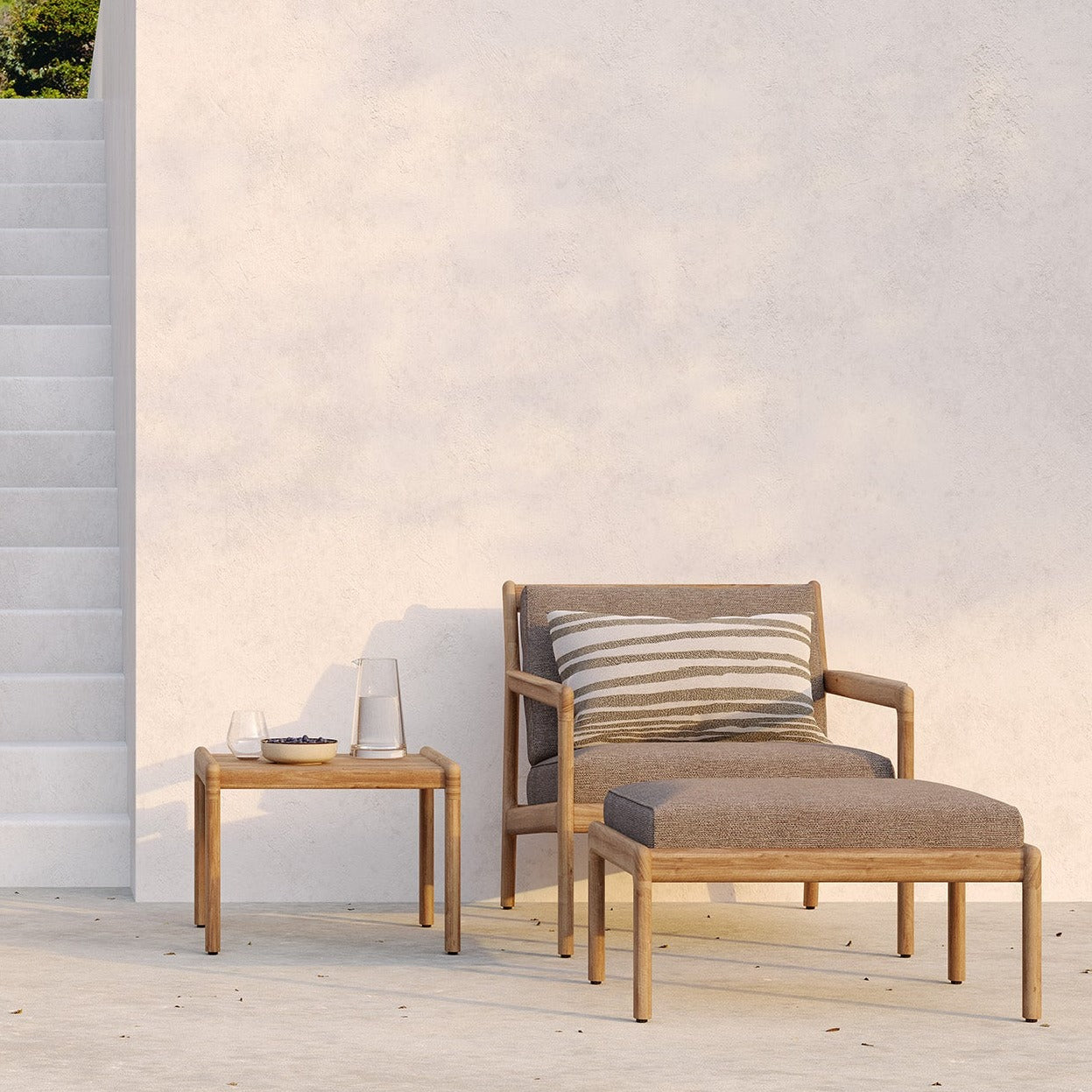 Outdoor furniture set with a wooden frame: armchair with cushion, ottoman, and side table