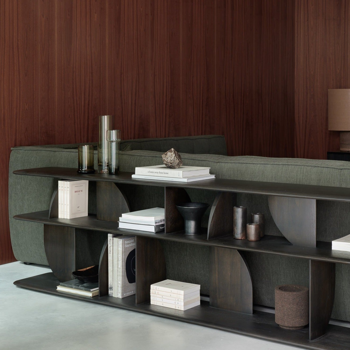 Geometric console - varnished teak - dark