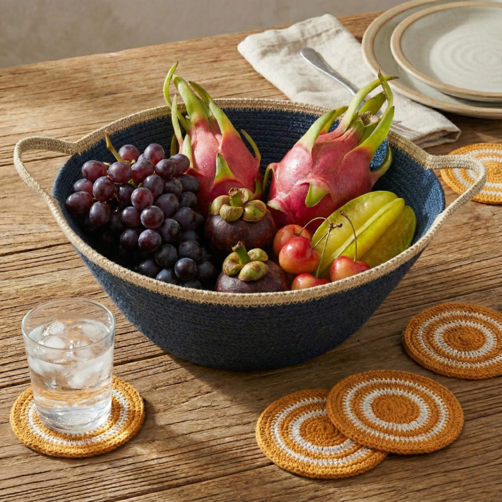 Hydra Woven Seagrass Oversize Bowl with Handles, Navy