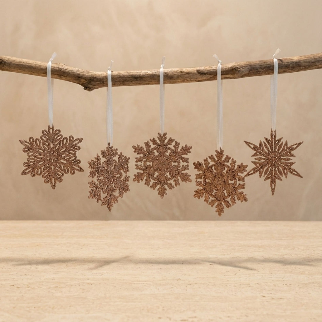 Brass Glitter Snowflake Ornaments, Set of 5