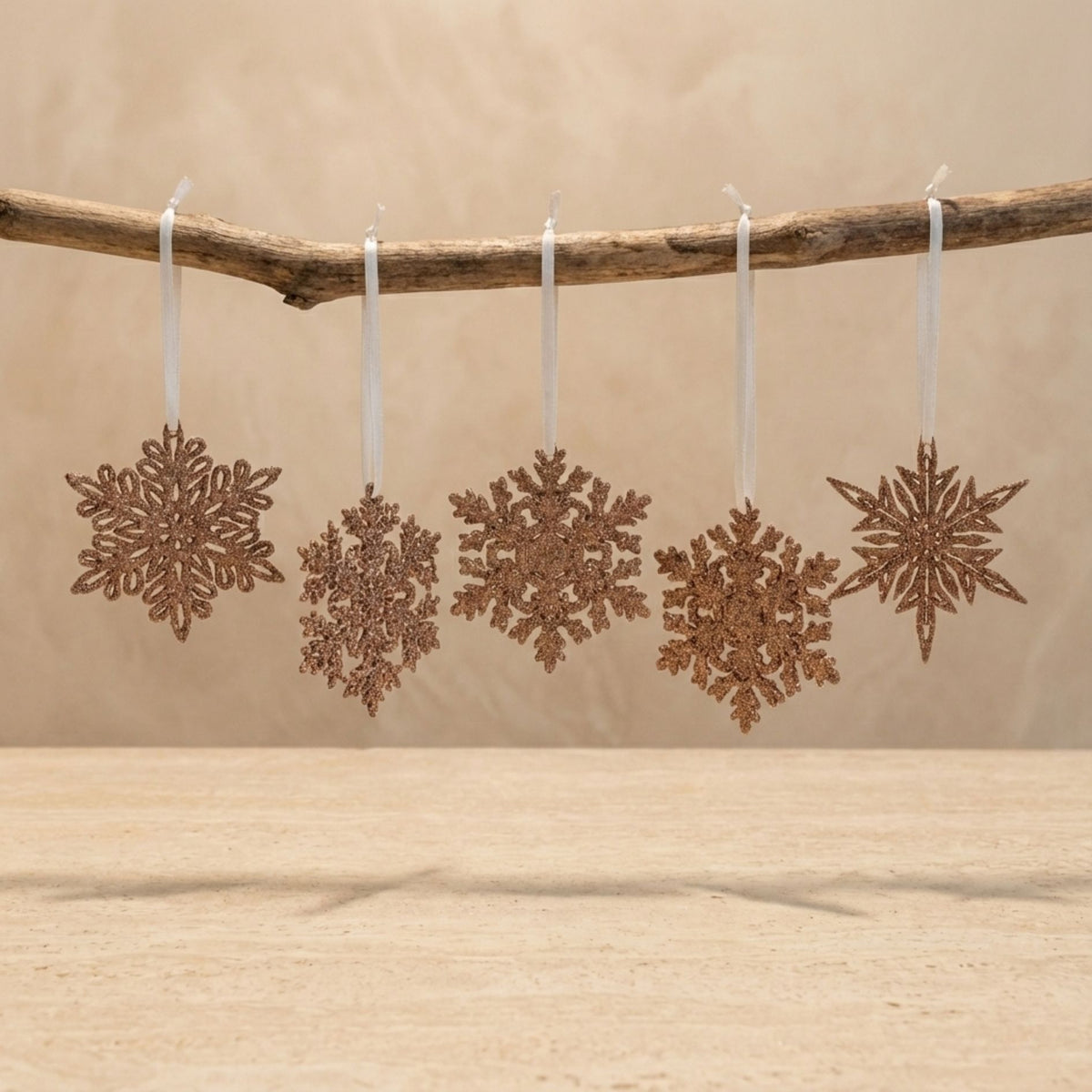 Brass Glitter Snowflake Ornaments, Set of 5