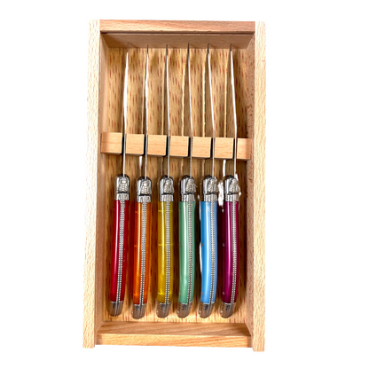 Laguiole 6 Piece Steak Knife Set, Platine Rainbow in Wood Box with Acrylic Lid