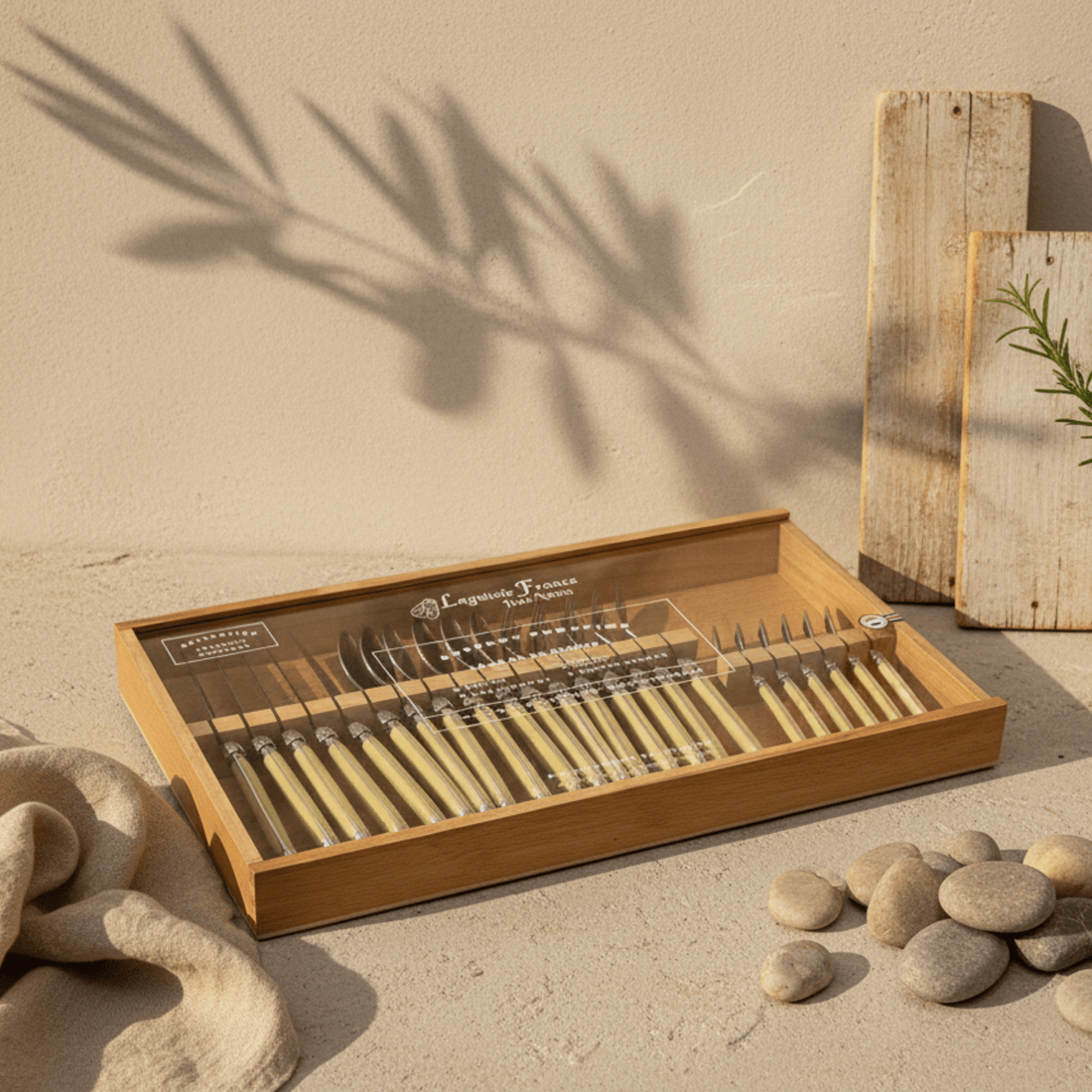 Laguiole 24 Piece Flatware Set, Pale Horn in Wood Box with Acrylic Lid