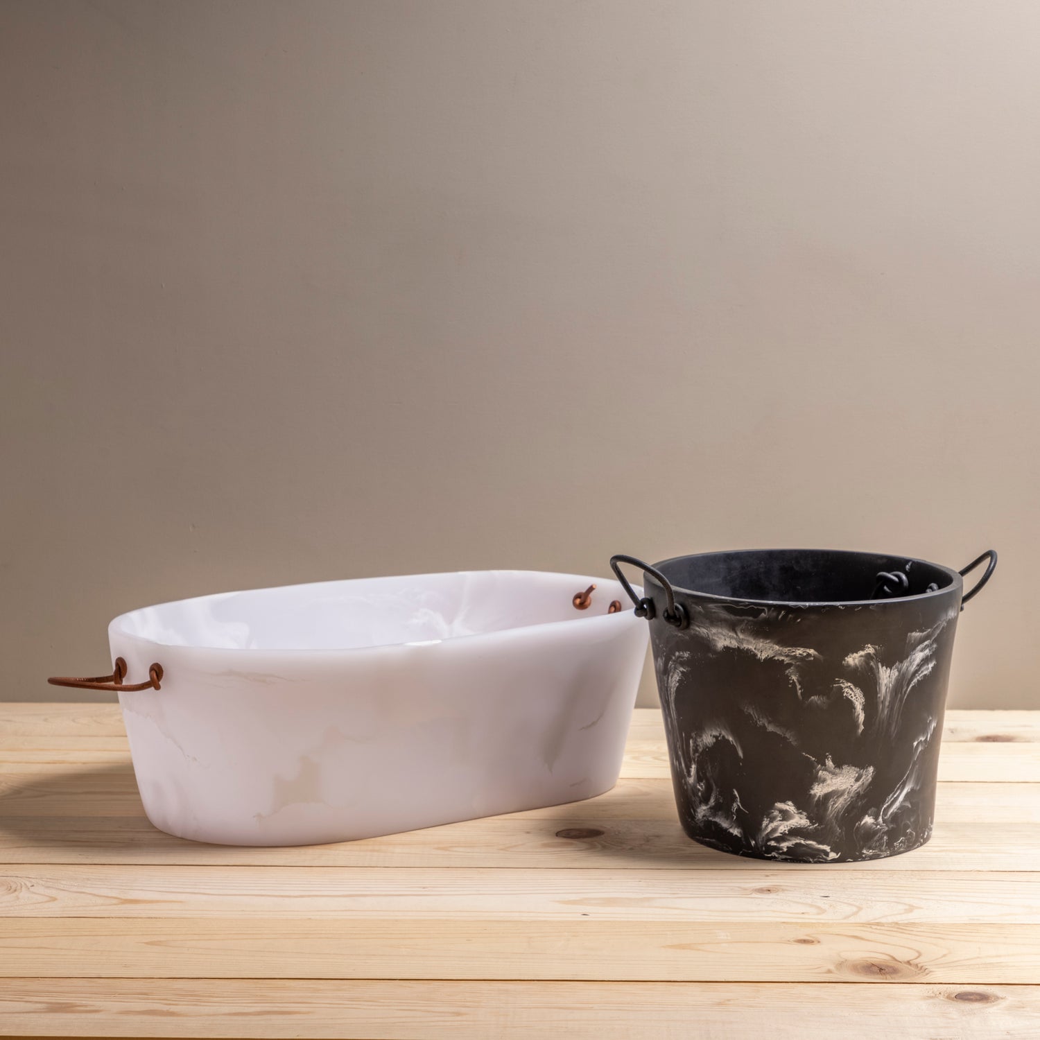 Handmade Resin Champagne Bucket with Leather Handles, Black Marble