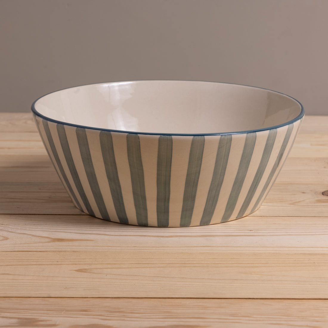 Hand-Painted Stoneware Serving Bowl with Stripes