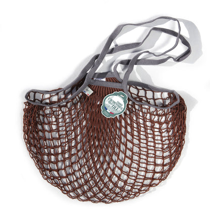 Rich brown net bag with grey handles.