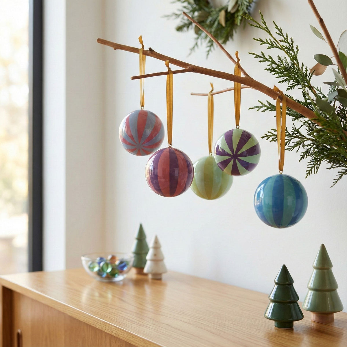 Glossy Stripe Paper Mache Ornaments, Set of 5