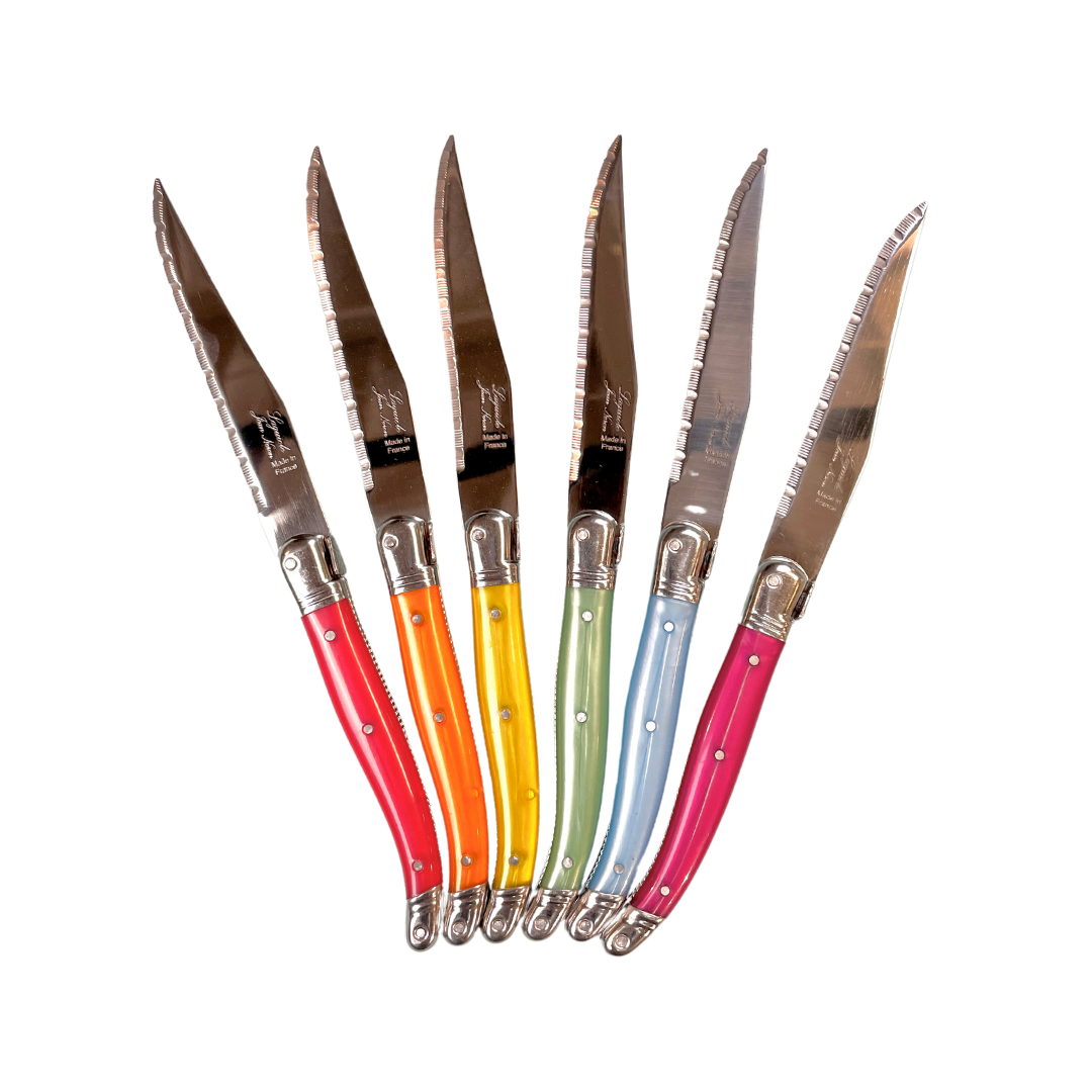 Laguiole 6 Piece Steak Knife Set, Platine Rainbow in Wood Presenation Box