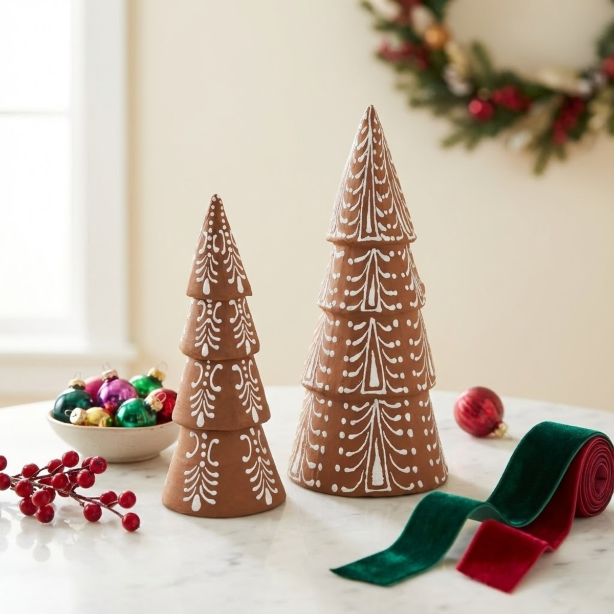 Paper Mache Gingerbread Trees with Frosting, Set of 2