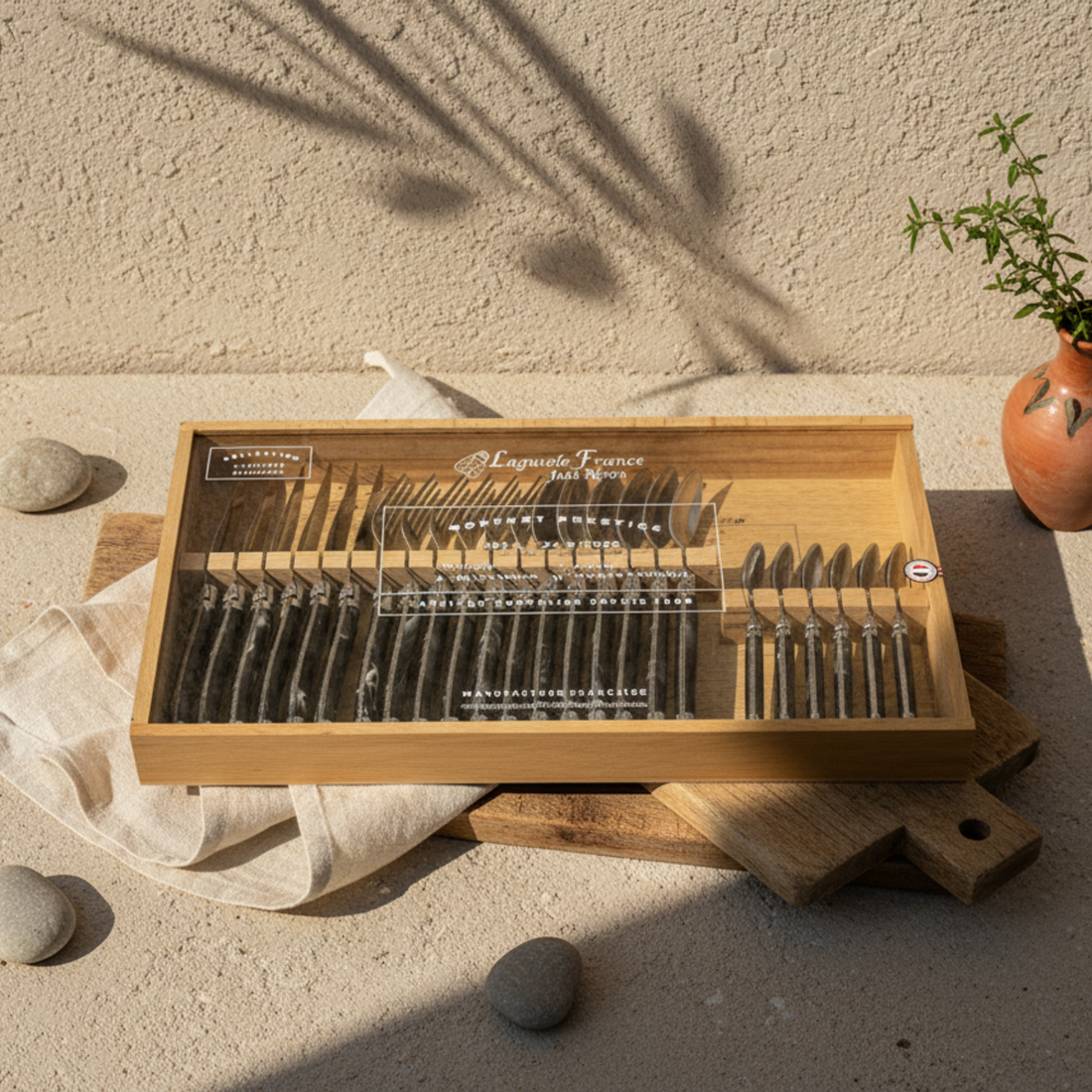 Laguiole 24 Piece Flatware Set, Platine Black Marble in Wood box with Acrylic Lid