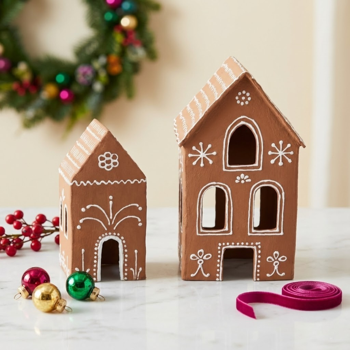 Paper Mache Gingerbread Village, Set of 2