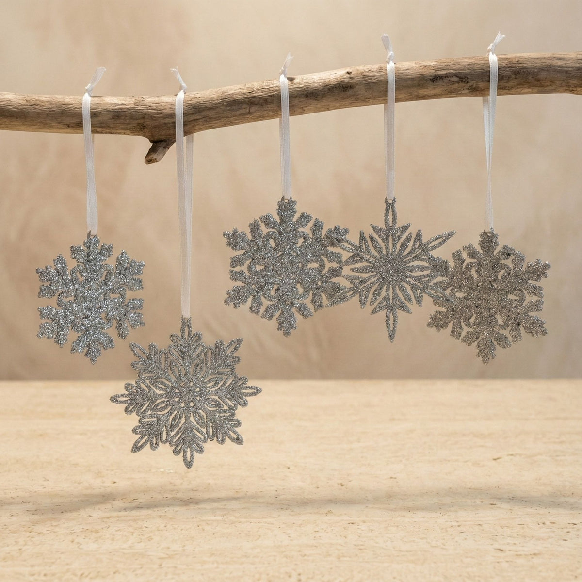Silver Glitter Snowflake Ornaments, Set of 5