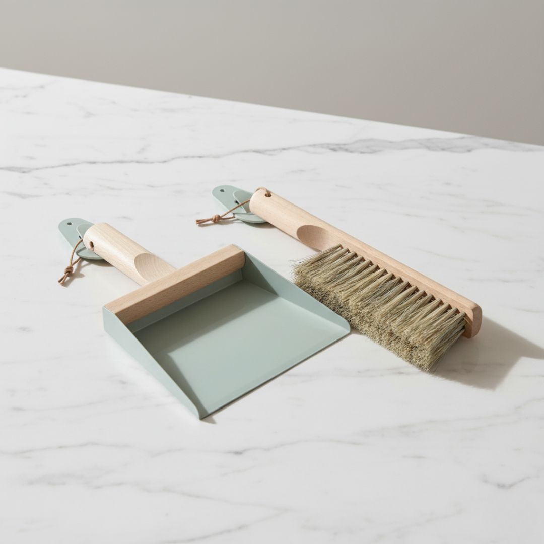 Andree Jardin "Mr &amp; Mrs Clynk" Grey Green NATURAL Hand Brush, Dustpan and Wall Hooks