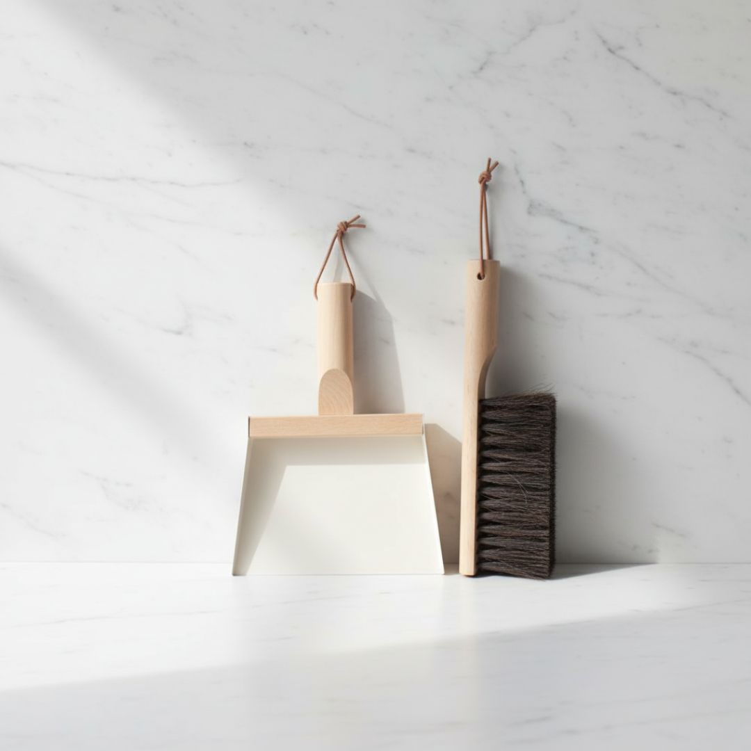 Andree Jardin "Mr &amp; Mrs Clynk" Cream Hand Brush, Dustpan and Wall Hooks