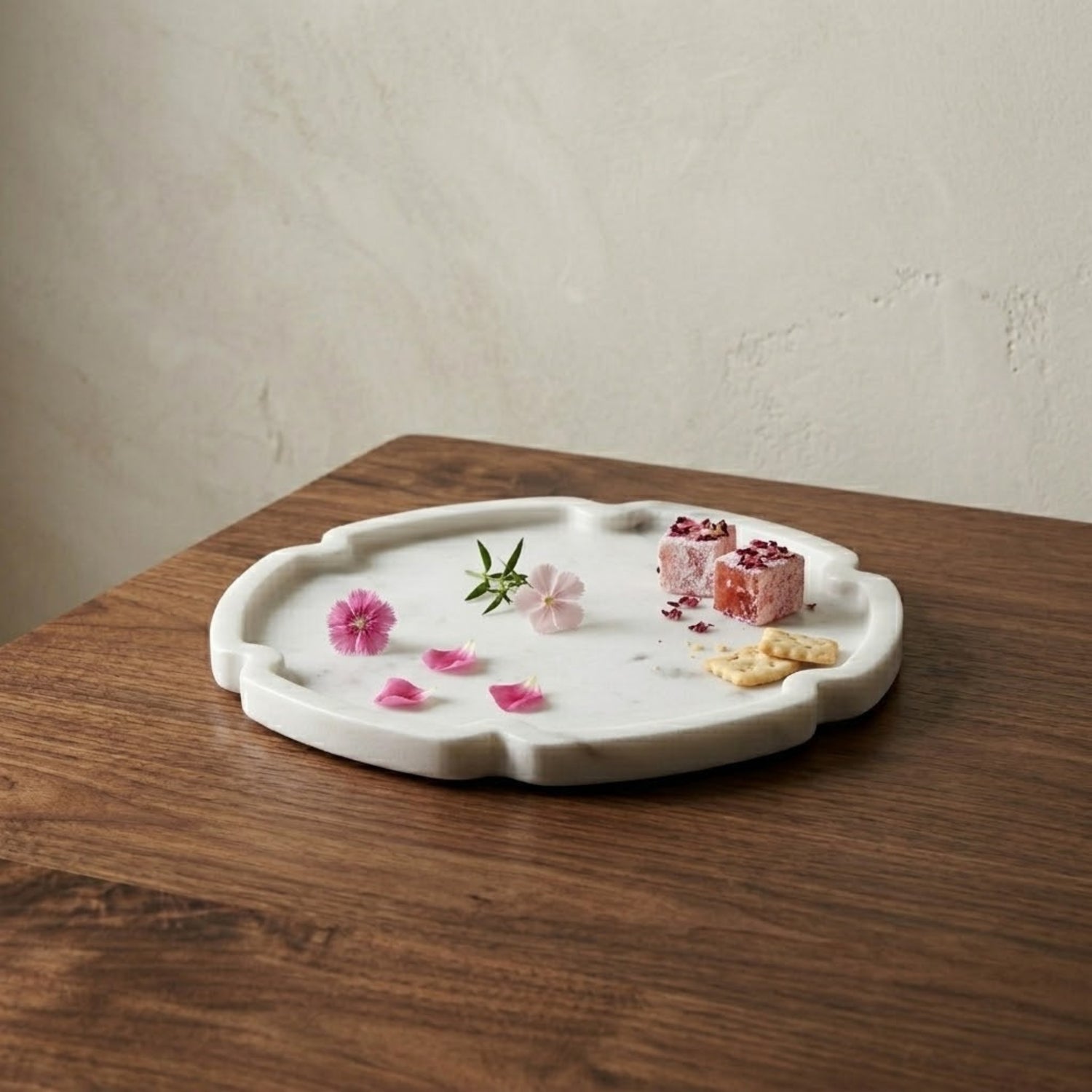 White Marble Framed Board, Small, Petals