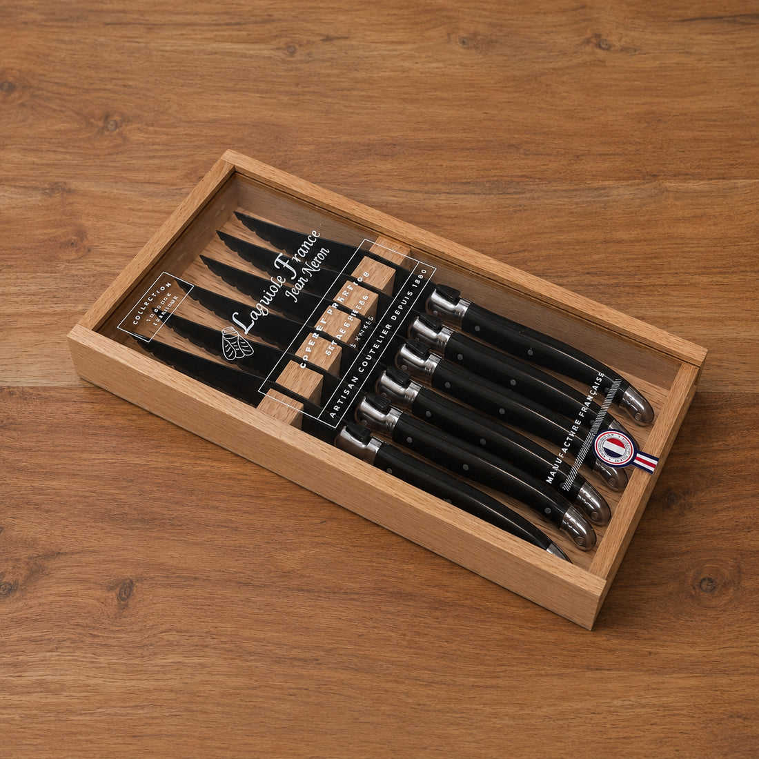 Laguiole 6 Piece Steak Knife Set, Black Blade &amp; Black Handle in Wood Box with Acrylic Lid