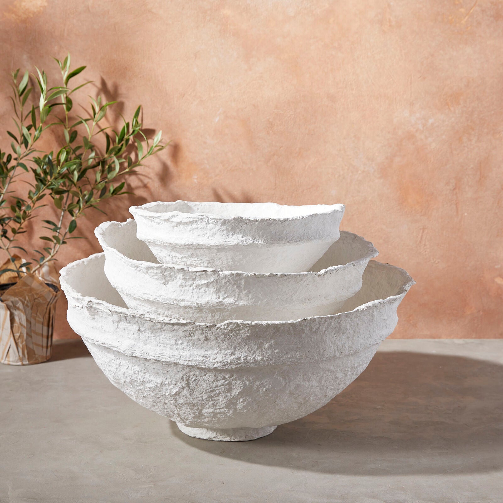Koi Paper Mache Bowls, Set of 3, White