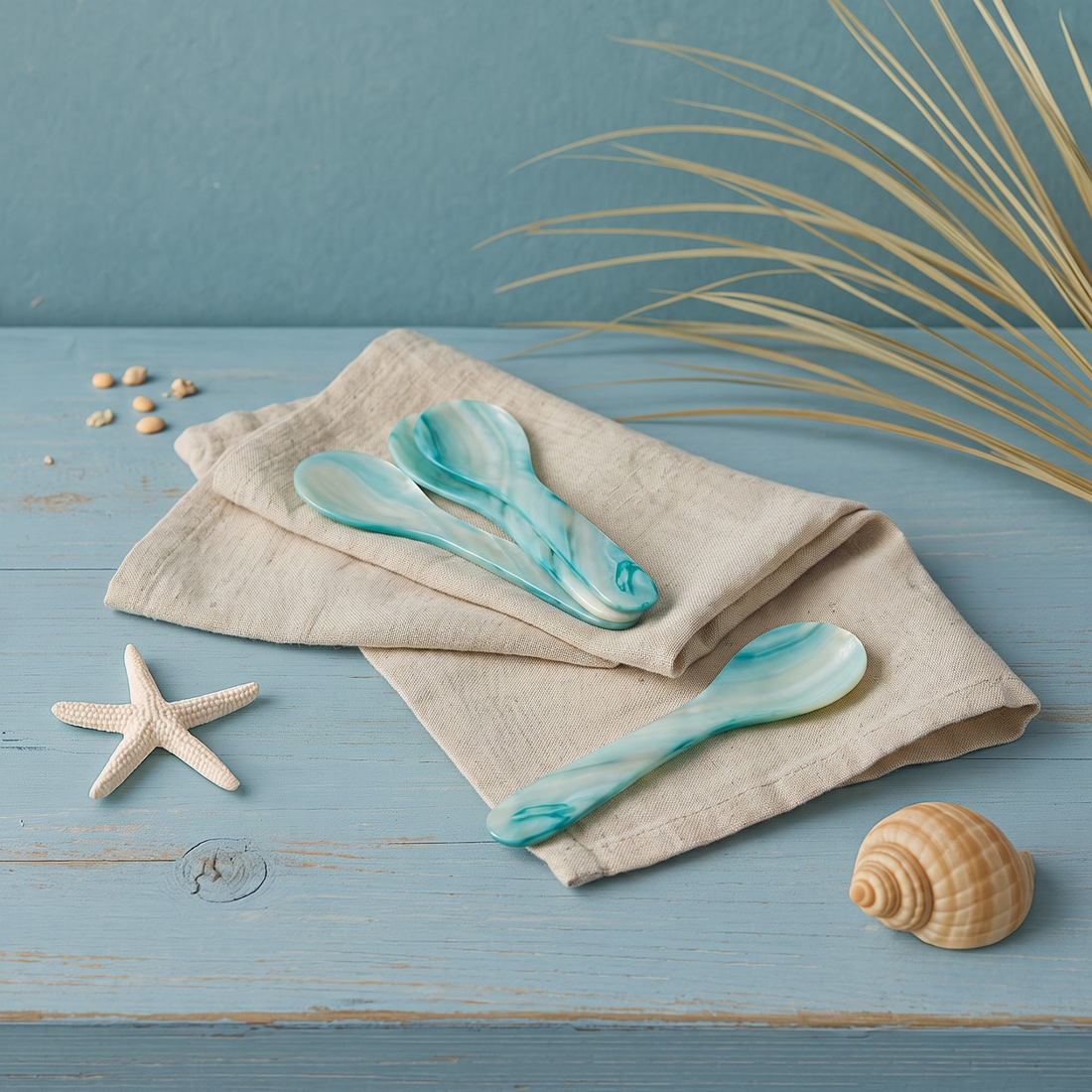 Seashell Spoons, Large Set of 4, Blue