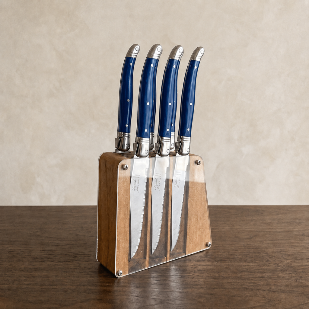 Laguiole 6 Piece Steak Knife Set, French Blue in Acrylic Block