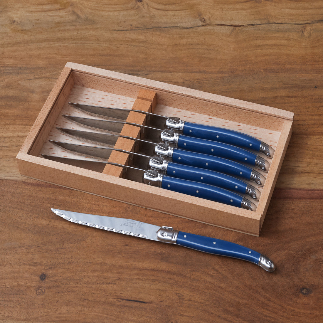 Laguiole 6 Piece Steak Knife Set, French Blue in Wood Box with Acrylic Lid