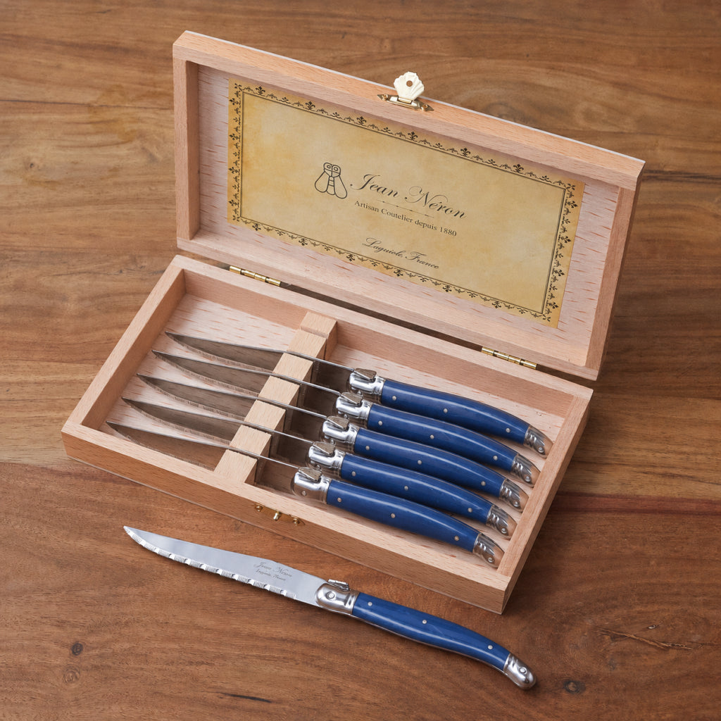 Laguiole 6 Piece Steak Knife Set, French Blue in Wood Presentation Box