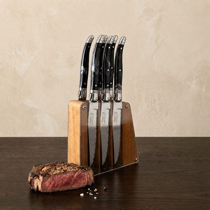 Laguiole 6 Piece Steak Knife Set, Black Marble in Acrylic Block
