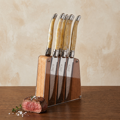 Laguiole 6 Piece Steak Knife Set, Pale Horn in Acrylic Block