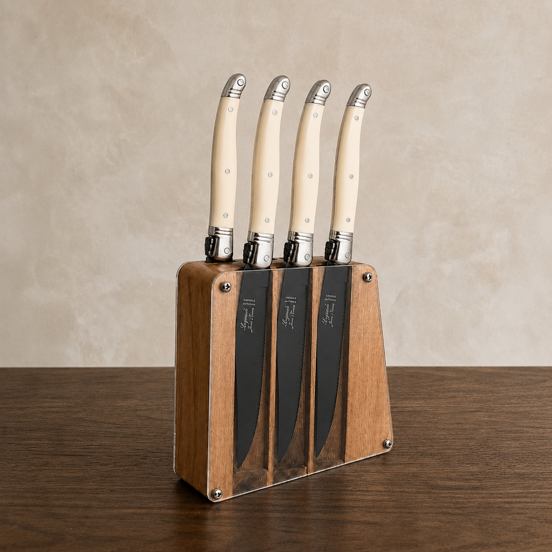 Laguiole 6 Piece Steak Knife Set, Black Blade &amp; Ivory Handle in Acrylic Block