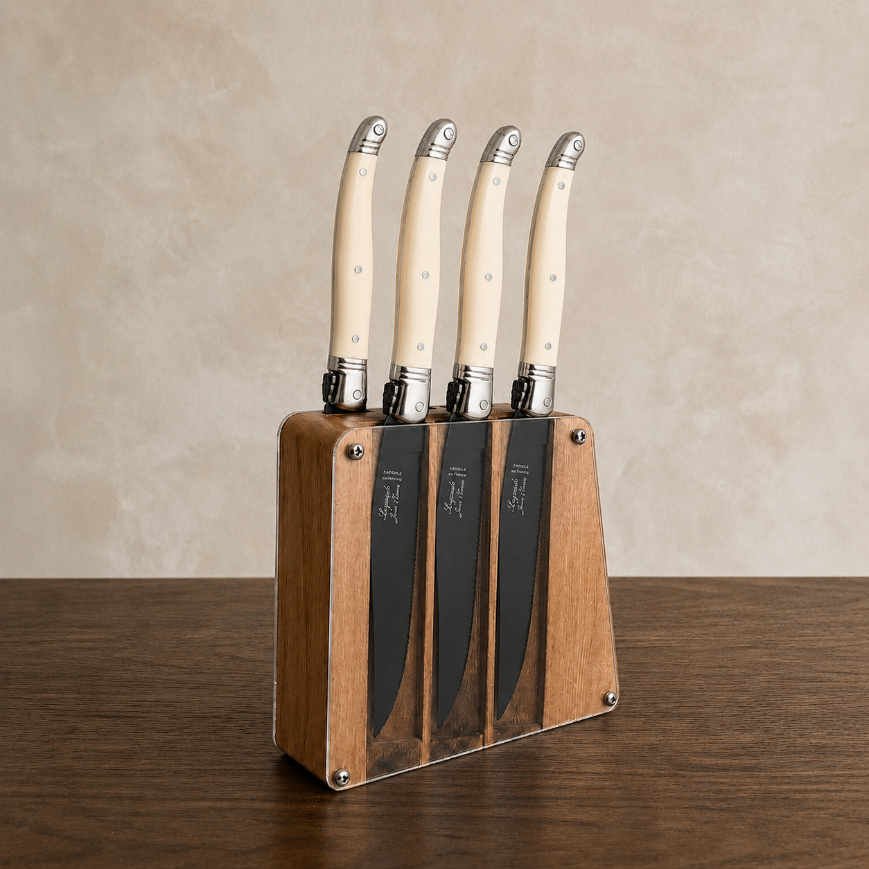 Laguiole 6 Piece Steak Knife Set, Black Blade &amp; Ivory Handle in Acrylic Block