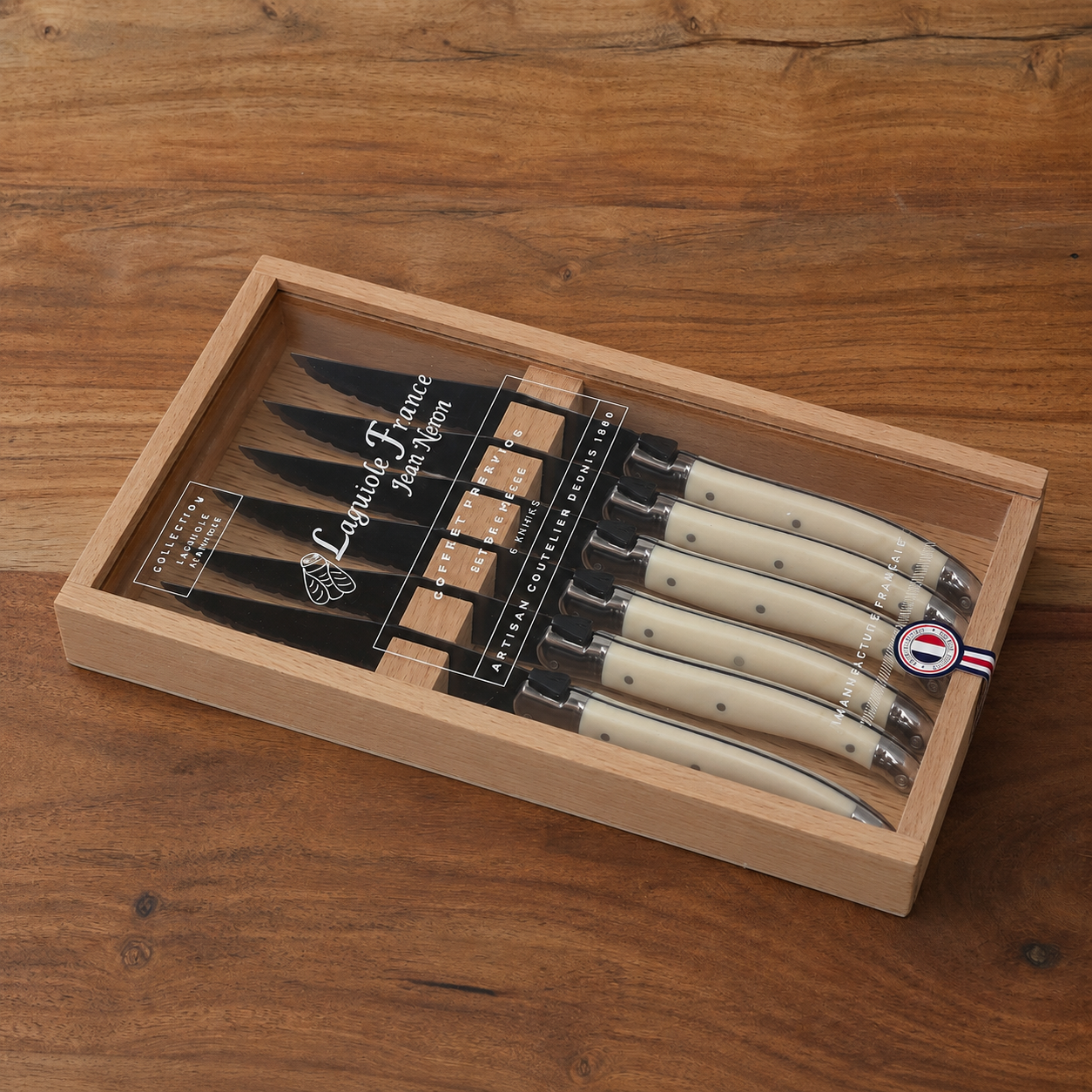 Laguiole 6 Piece Steak Knife Set, Black Blade &amp; Ivory Handle in Wood Box with Acrylic Lid