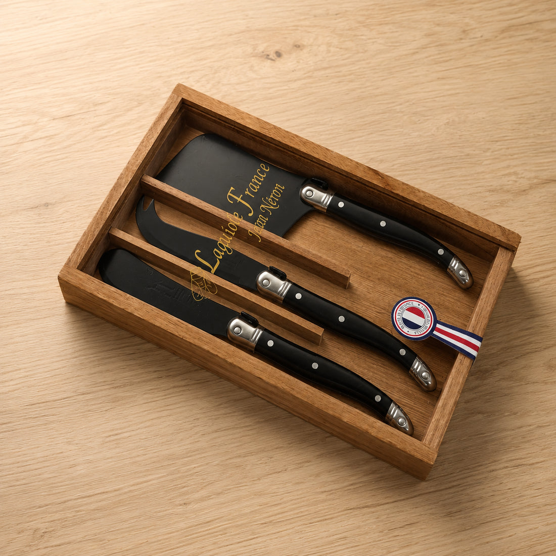 Laguiole 3 Piece Mini Cheese Utensil Set, Black Blade &amp; Black Handle in Wood Box with Acrylic Lid