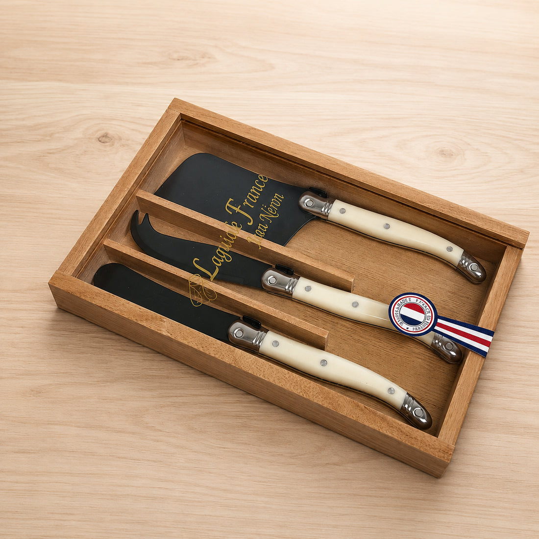 Laguiole 3 Piece Mini Cheese Utensil Set, Black Blade &amp; Ivory Handle in Wood Box with Acrylic Lid