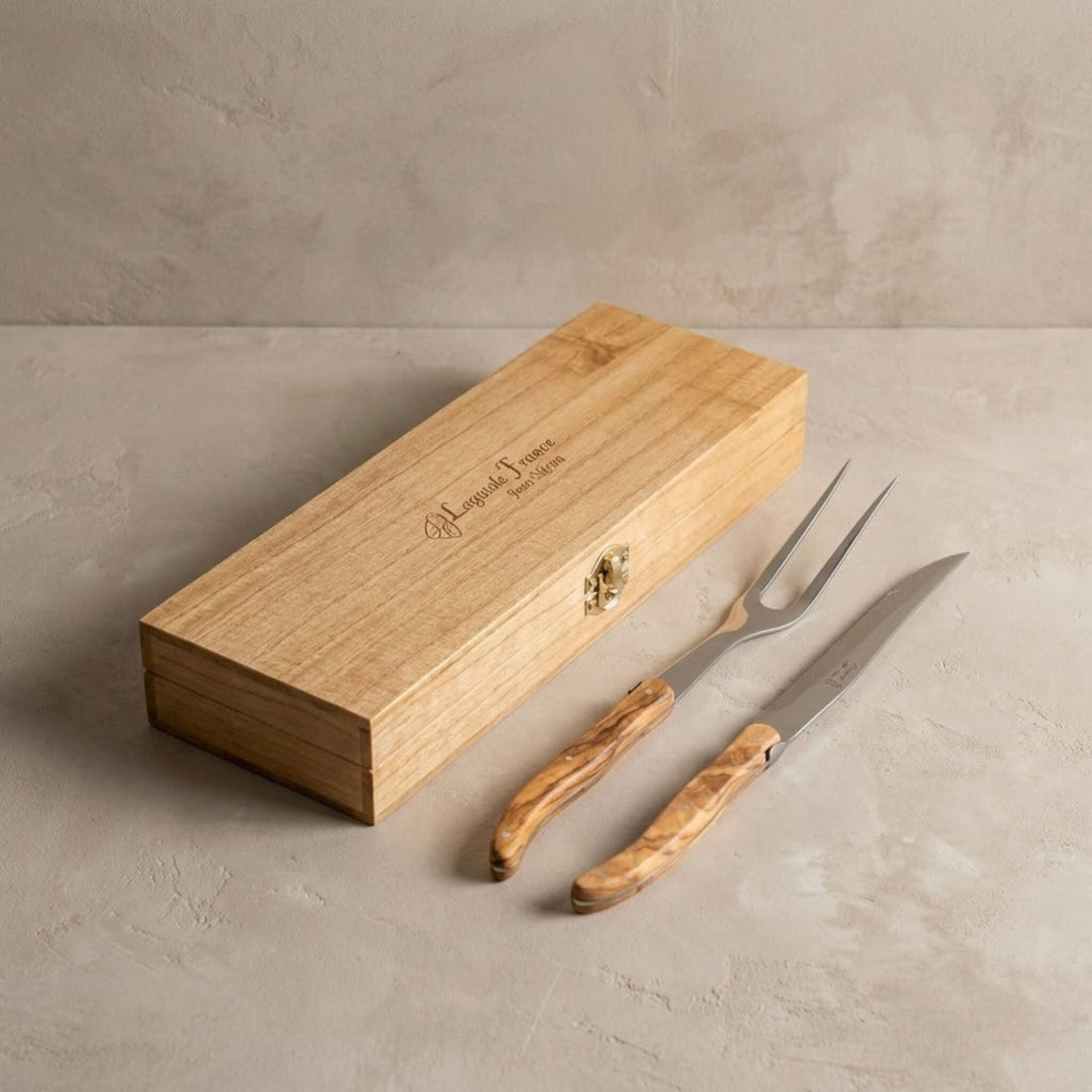 Laguiole Carving Set, Olivewood in wooden box