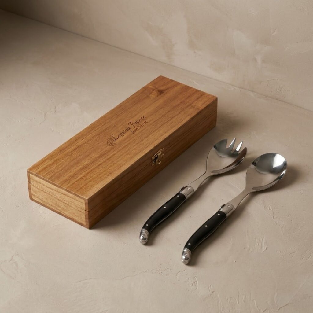 Laguiole Salad Serving Set Black in Wooden Box