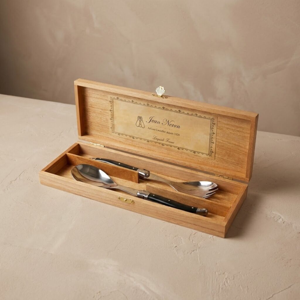 Laguiole Salad Serving Set Black in Wooden Box