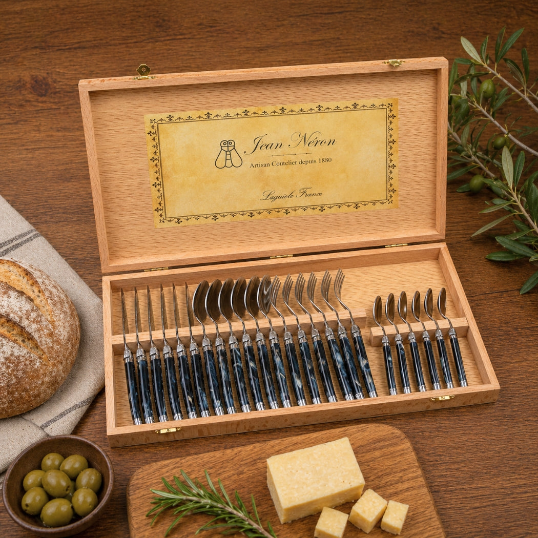 Laguiole 24 Piece Flatware Set, Black Marble in Wood Presentation Box