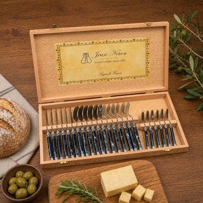 Laguiole 24 Piece Flatware Set, Black Marble in Wood Presentation Box