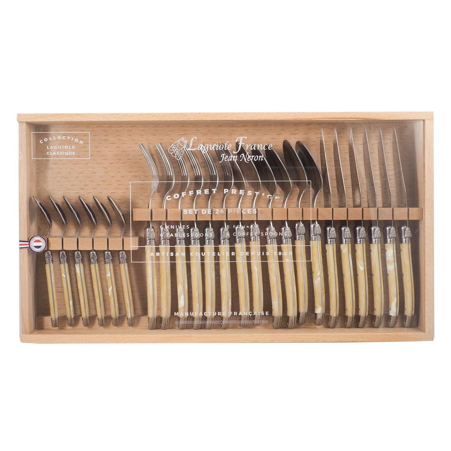 Laguiole 24 Piece Flatware Set, Pale Horn in Wood Box with Acrylic Lid