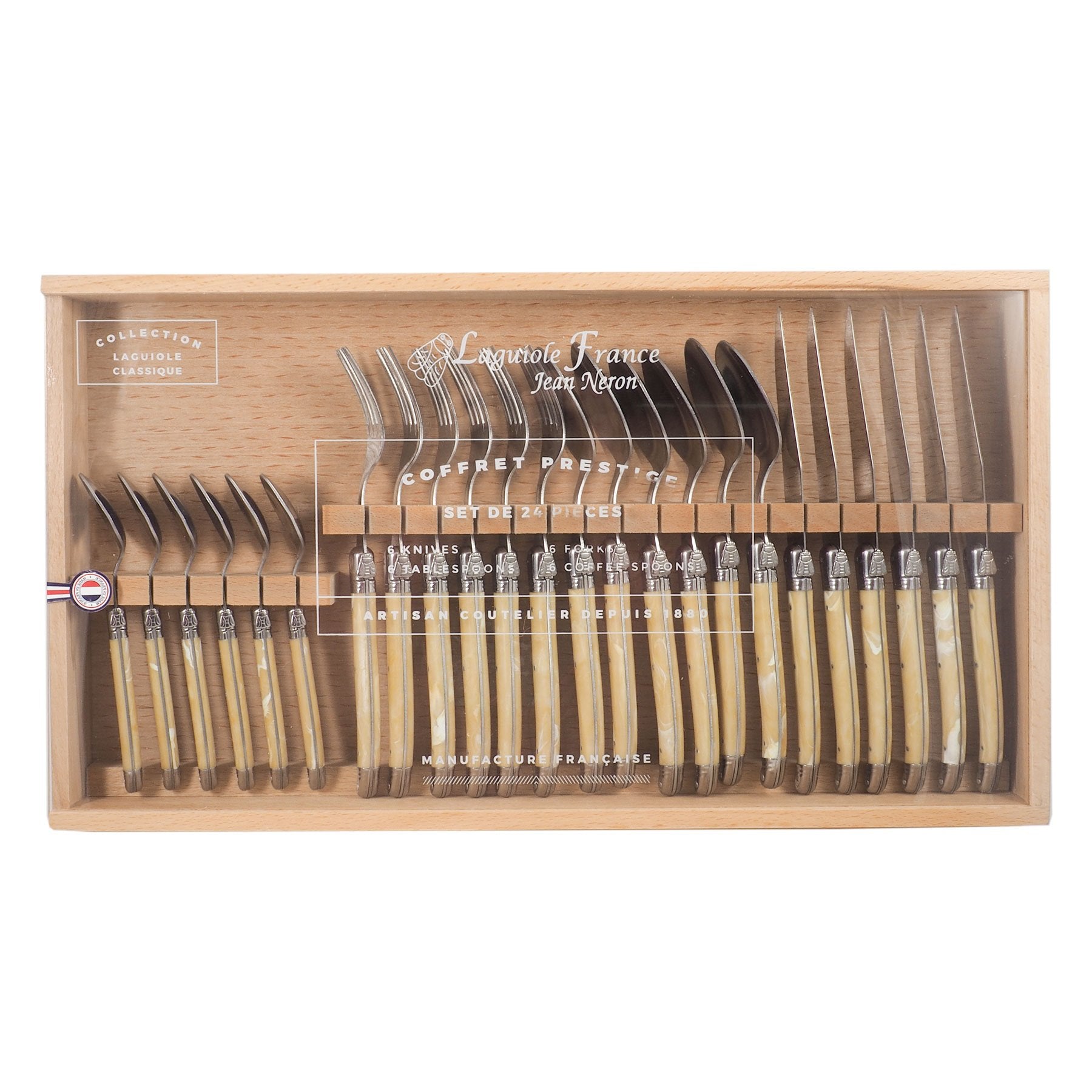 Laguiole 24 Piece Flatware Set, Pale Horn in Wood Box with Acrylic Lid