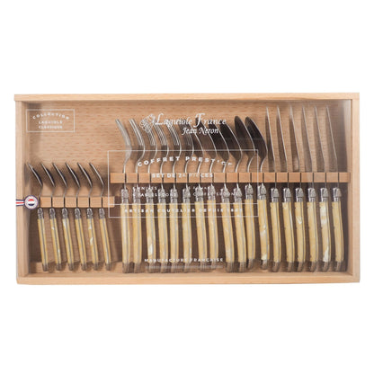 Laguiole 24 Piece Flatware Set, Pale Horn in Wood Box with Acrylic Lid
