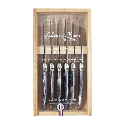 Laguiole 6 Piece Steak Knife Set, Platine Black Marble in Wood Box with Acrylic Lid