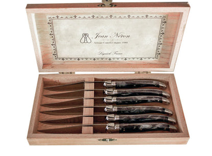 Laguiole 6 Piece Steak Knife Set, Platine Black Marble in Wood Presentation Box