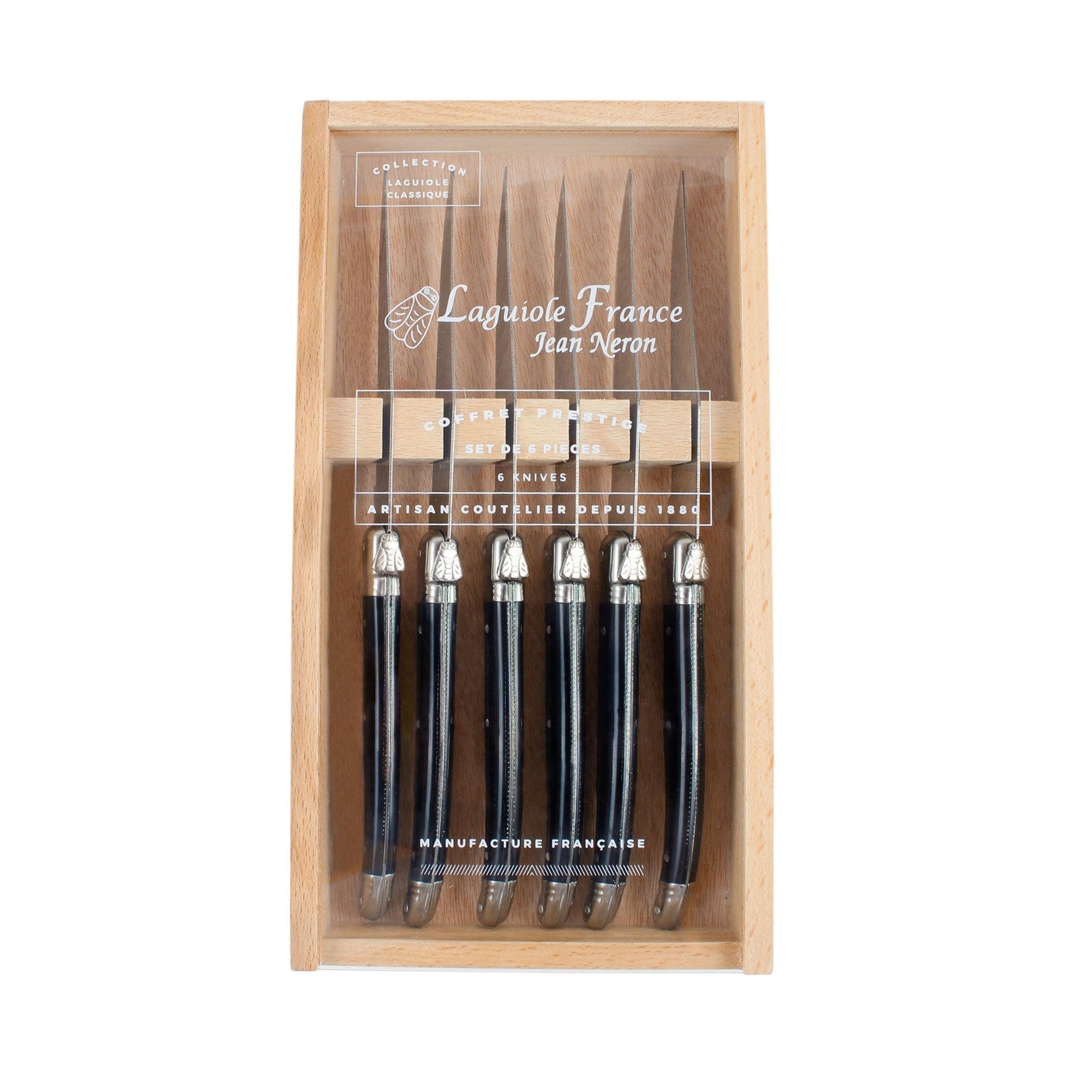 Laguiole 6 Piece Steak Knife Set, Platine Black in Wood Box with Acrylic Lid